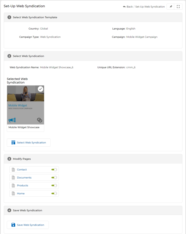 Select Web Syndication panel showing Web Syndication Name field, Unique URL Extension field, and a grid of syndication template cards with Firewall Widget Showcase selected