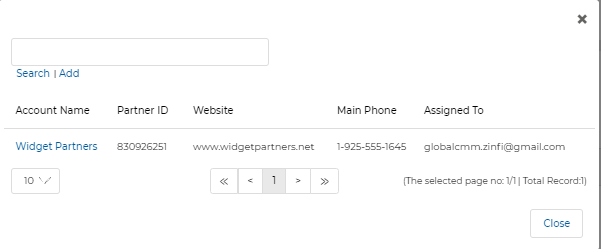 Master Account picker popup — searchable list of partner accounts
