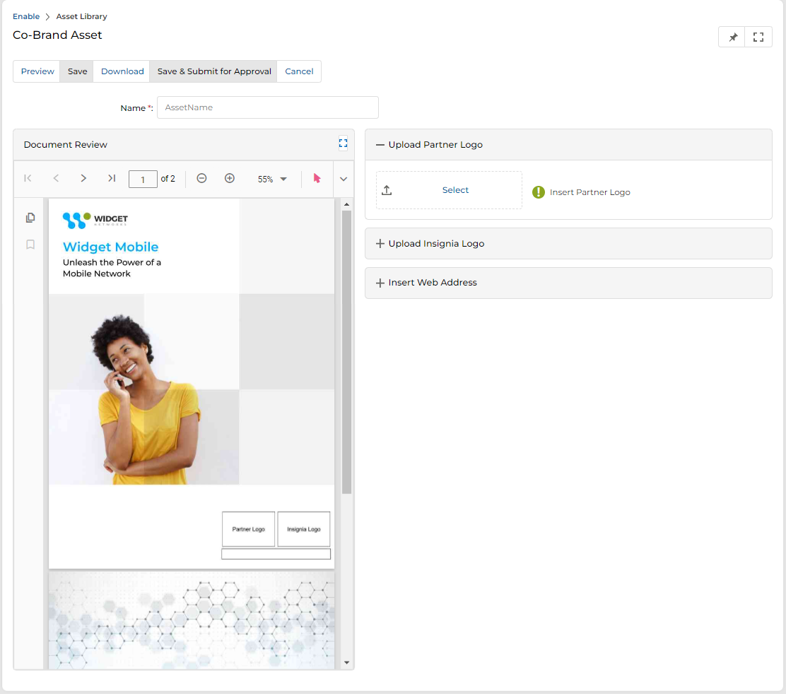 Co-Brand Asset page showing Document Review panel on left and Upload Partner Logo, Upload Insignia Logo, Insert Web Address sections on right