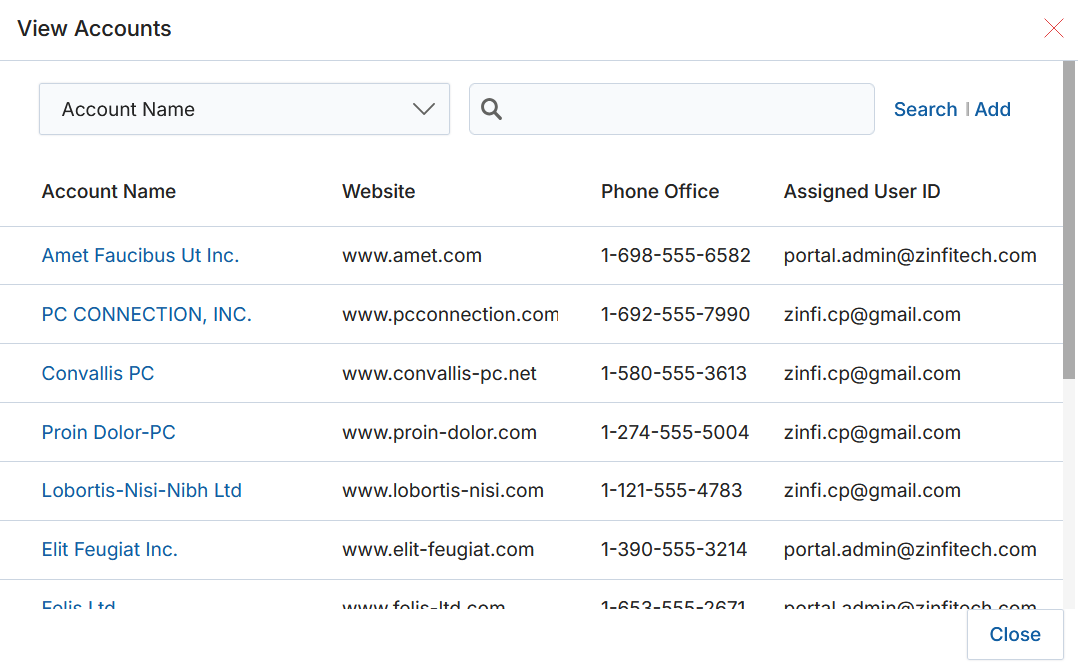 View Accounts picker — search and select an existing account