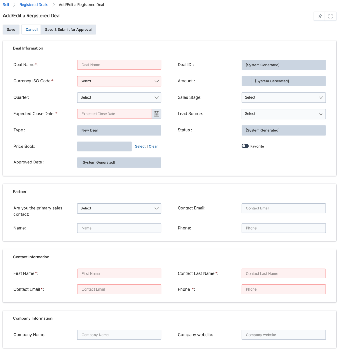 Add/Edit a Registered Deal form — blank state showing Deal Information, Partner, Contact Information, and Company Information sections with Save, Cancel, and Save & Submit for Approval buttons