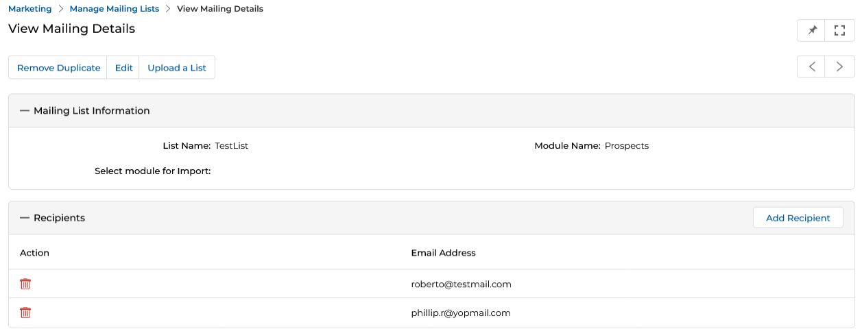 View Mailing Details page with Remove Duplicate, Edit and Upload a List buttons highlighted at top