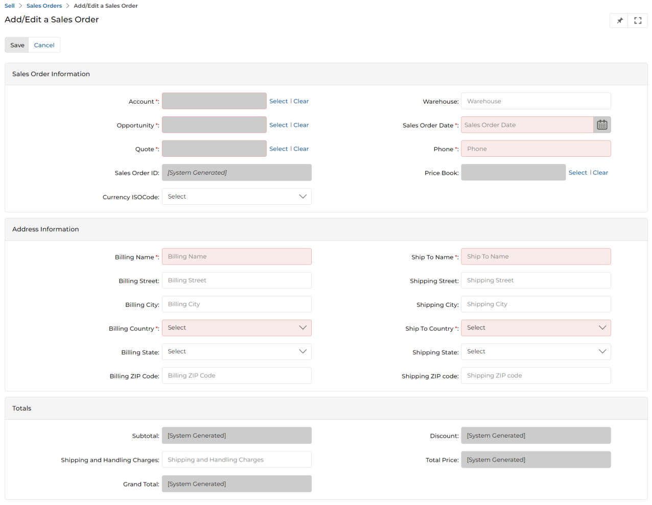 Add/Edit a Sales Order full form showing Sales Order Information, Address Information, and Totals sections