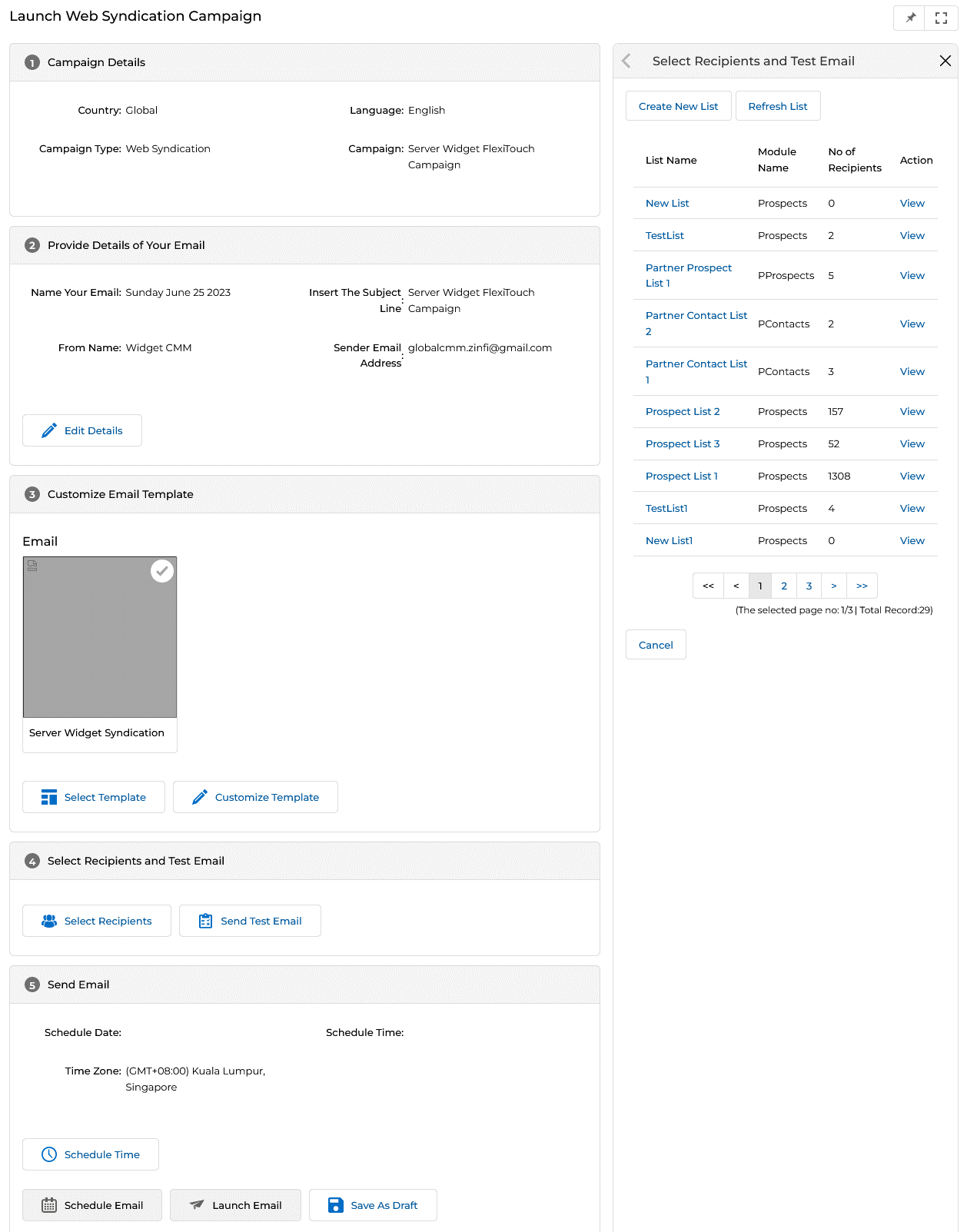 Launch Web Syndication Campaign page with Select Recipients and Test Email panel open on the right, showing a paginated list of mailing lists including Prospect Lists and Contact lists with View buttons