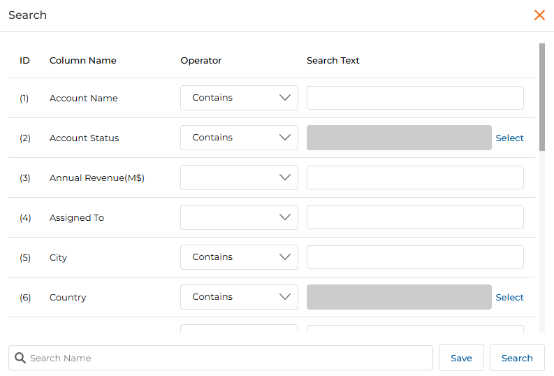 Search popup — searchable columns including Account Name, Account Status, Annual Revenue, Assigned To, City, Country