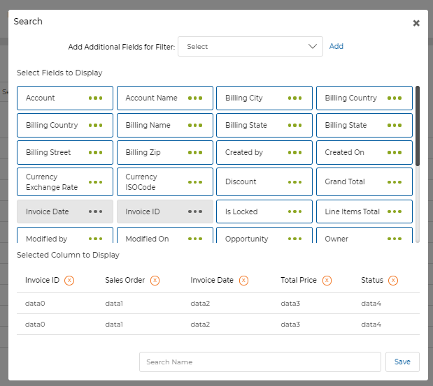 Create New View modal for Invoices — showing available filter fields including Invoice Date, Invoice ID, Discount, Grand Total, and more