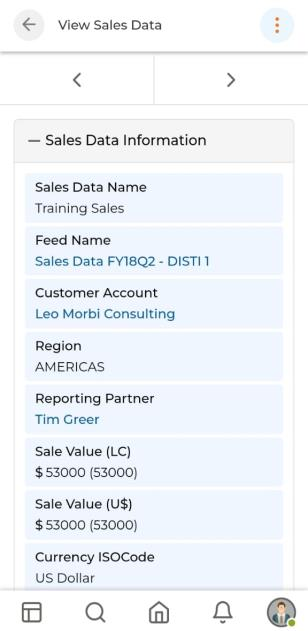 View Sales Data detail showing Sales Data Name, Feed Name, Customer Account, Region, Reporting Partner, Sale Value LC, Sale Value US, Currency ISOCode