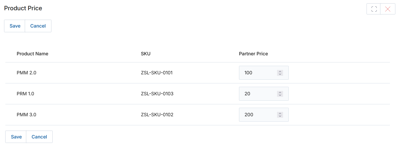 Price Book after products added — Products related list showing PRM 1.0 with SKU ZSL-SKU-0103, Partner Price US$ 10500, Is Active Yes