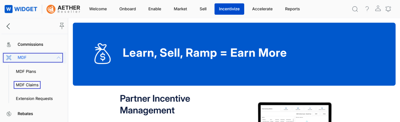 Incentivize menu with MDF Claims selected under MDF in the left nav