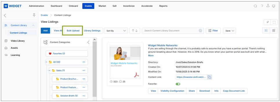 Contents section showing a content row with Action icons, Content Name, Content Description, Expiration Date, Publish Date, and Status