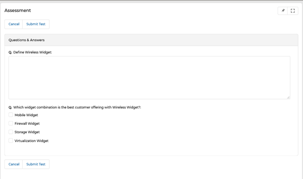 Assessment page showing questions and answers with Submit Test button