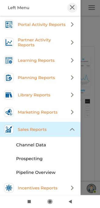 Sales Reports sub-menu and Sales Pipeline Business Intelligence Report showing total pipeline value chart, top 10 open opportunities, pipeline trend over time, and partner profiling