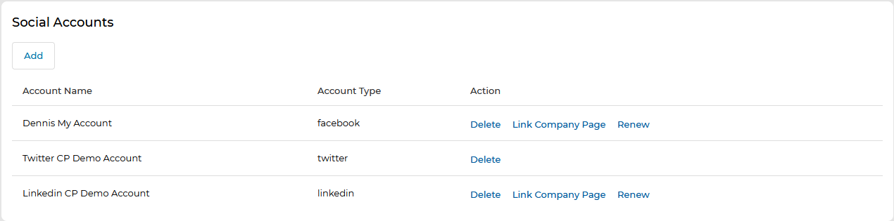Social Accounts list showing Facebook, Twitter, and LinkedIn entries