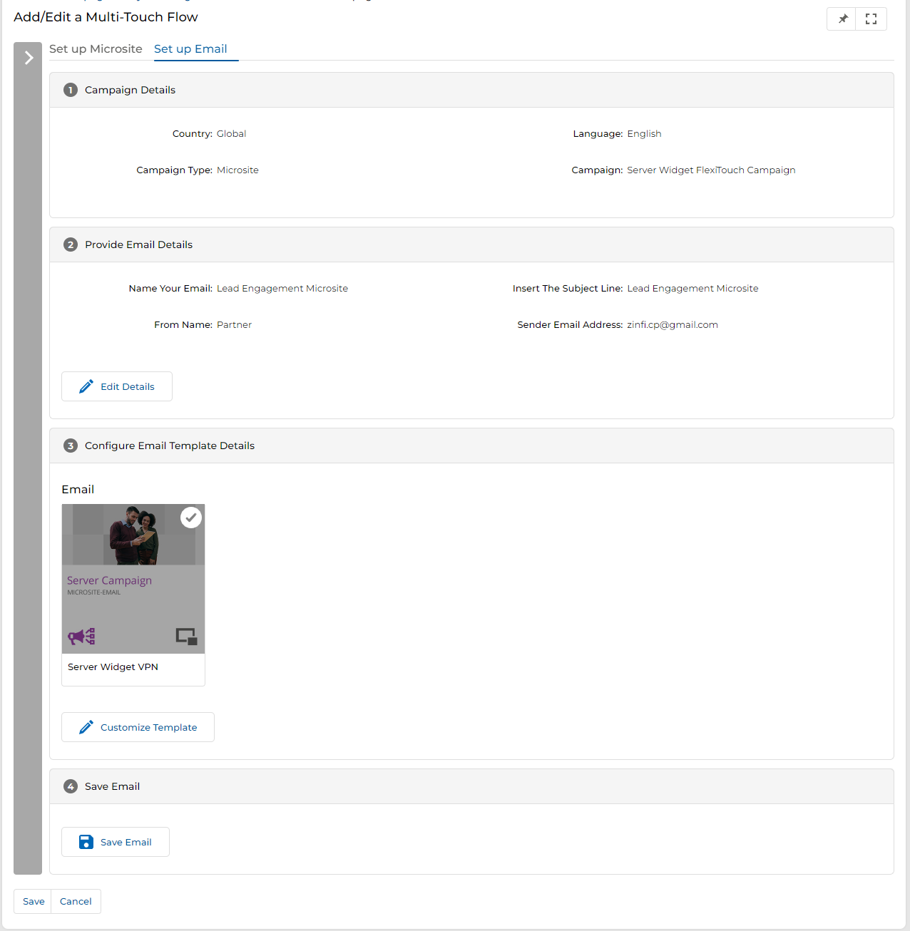 Add/Edit a Multi-Touch Flow page with Set up Email tab active, showing Campaign Details, Provide Email Details (Lead Engagement Microsite), Configure Email Template Details with Server Widget VPN template card, and Save Email section