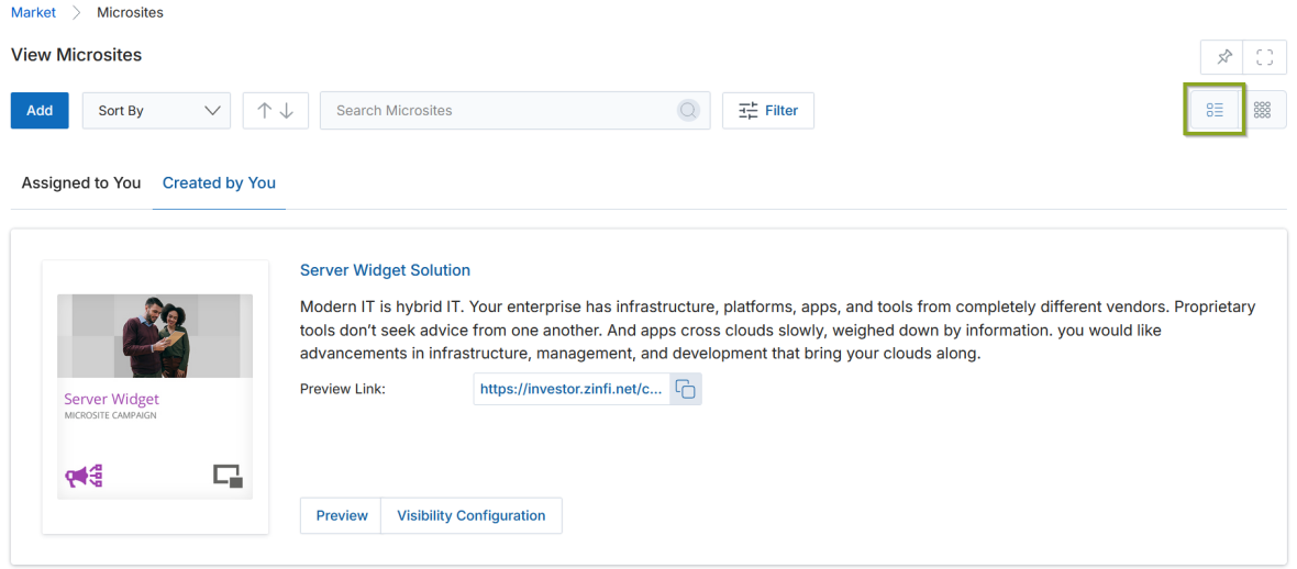 List View mode — single microsite card showing Preview Link and Preview / Visibility Configuration buttons