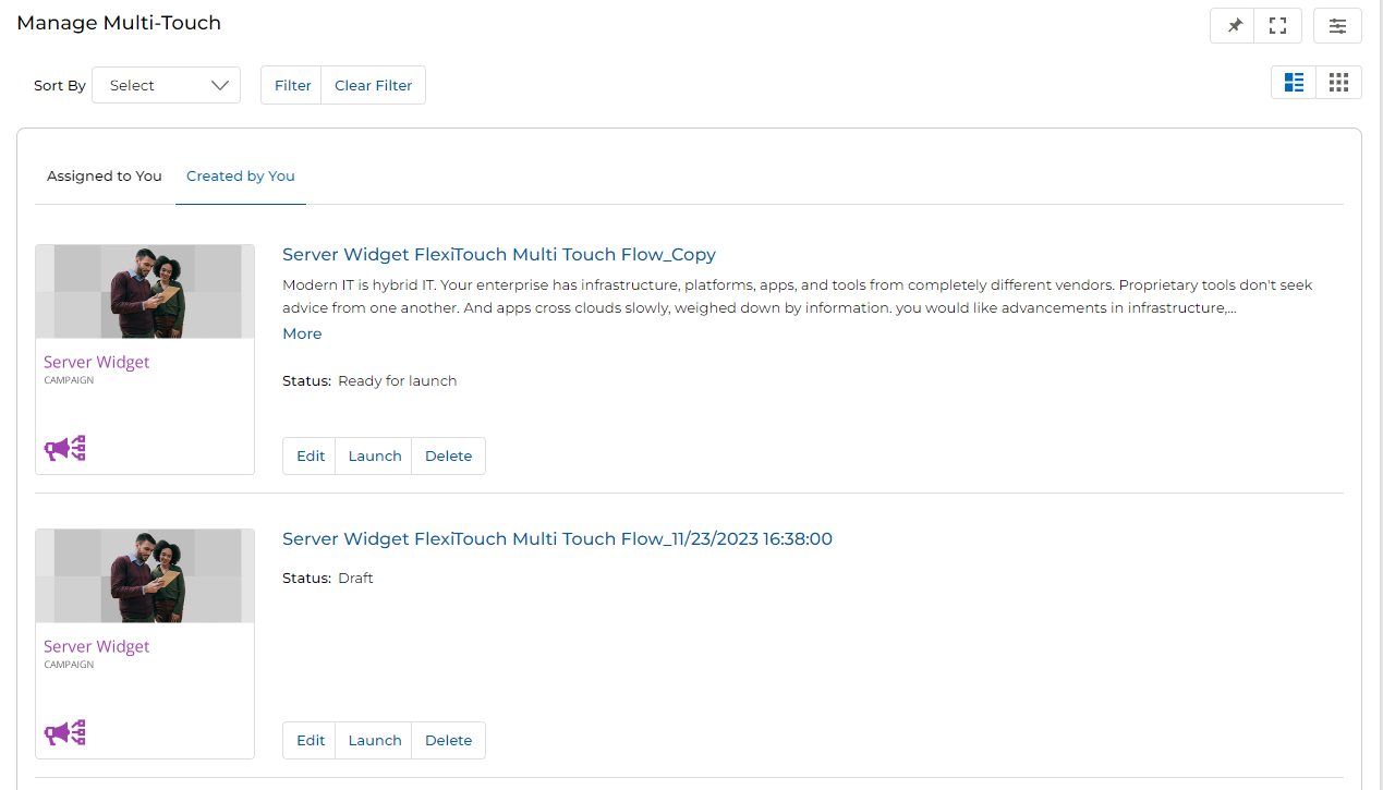 Manage Multi-Touch page on Created by You tab showing two entries: Server Widget FlexiTouch Multi Touch Flow_Copy with Status: Ready for launch and Edit, Launch, Delete buttons; and a Draft entry below it