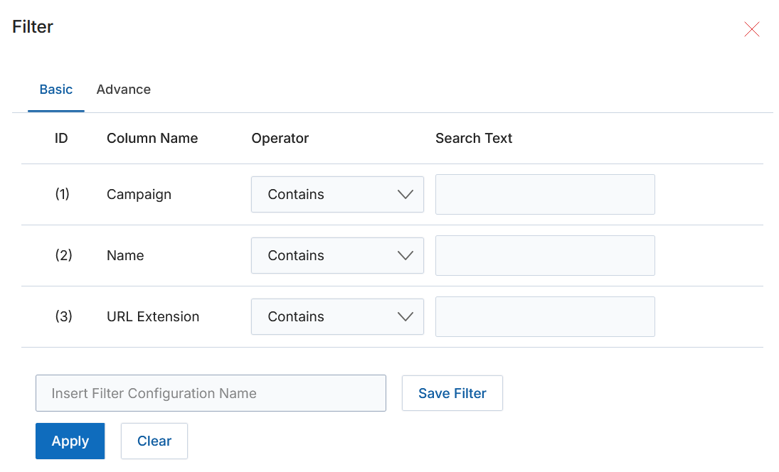 Filter panel — Basic tab with Campaign, Name, and URL Extension fields