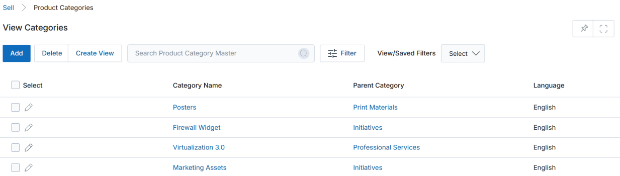 View Categories after bulk import — Category Name, Parent Category, Language listing