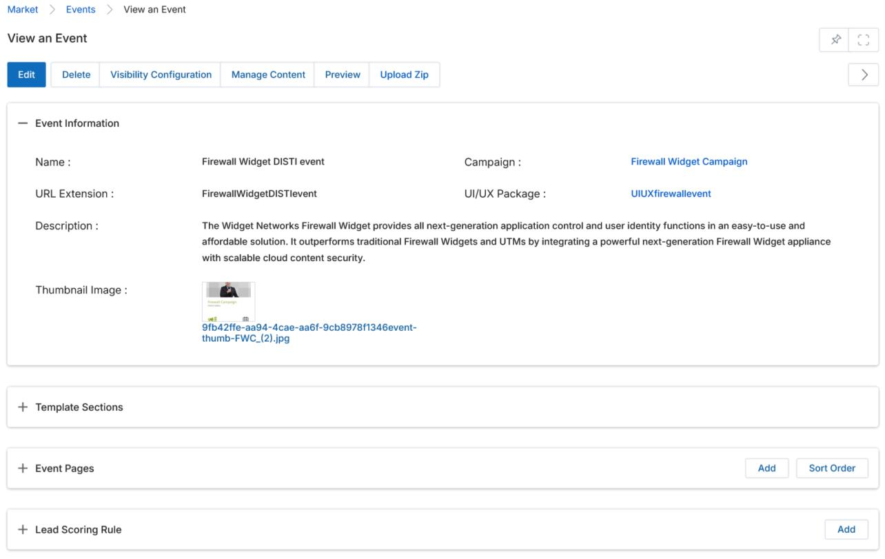 View an Event page — Event Information, Template Sections, Event Pages, and Lead Scoring Rule sections
