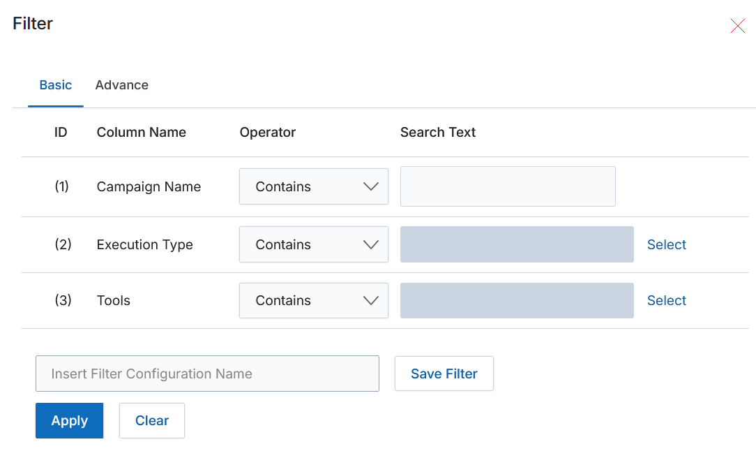 Filter dialog showing Basic tab with three rows: (1) Campaign Name with Contains operator, (2) Execution Type with Select button, (3) Tools with Select button, and Apply and Clear buttons at the bottom