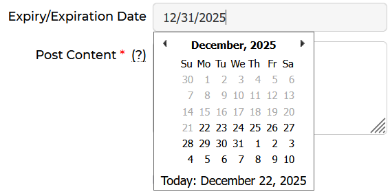 Expiry/Expiration Date field showing an open calendar picker for December 2025 with date 12/31/2025 entered