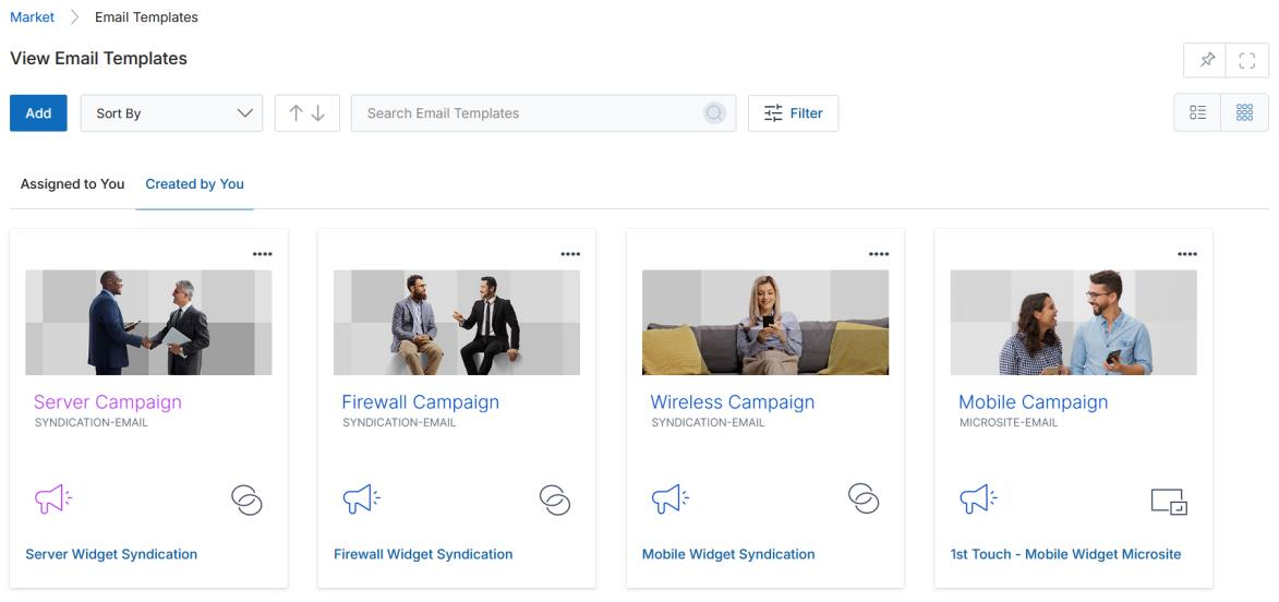 View Email Templates in thumbnail view showing four template cards: Server Campaign, Firewall Campaign, Wireless Campaign, Mobile Campaign with thumbnail images and campaign names