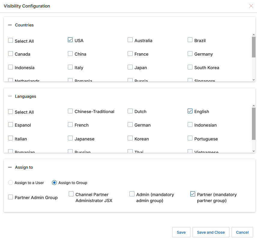 Visibility Configuration popup — Countries, Languages, and Assign to sections