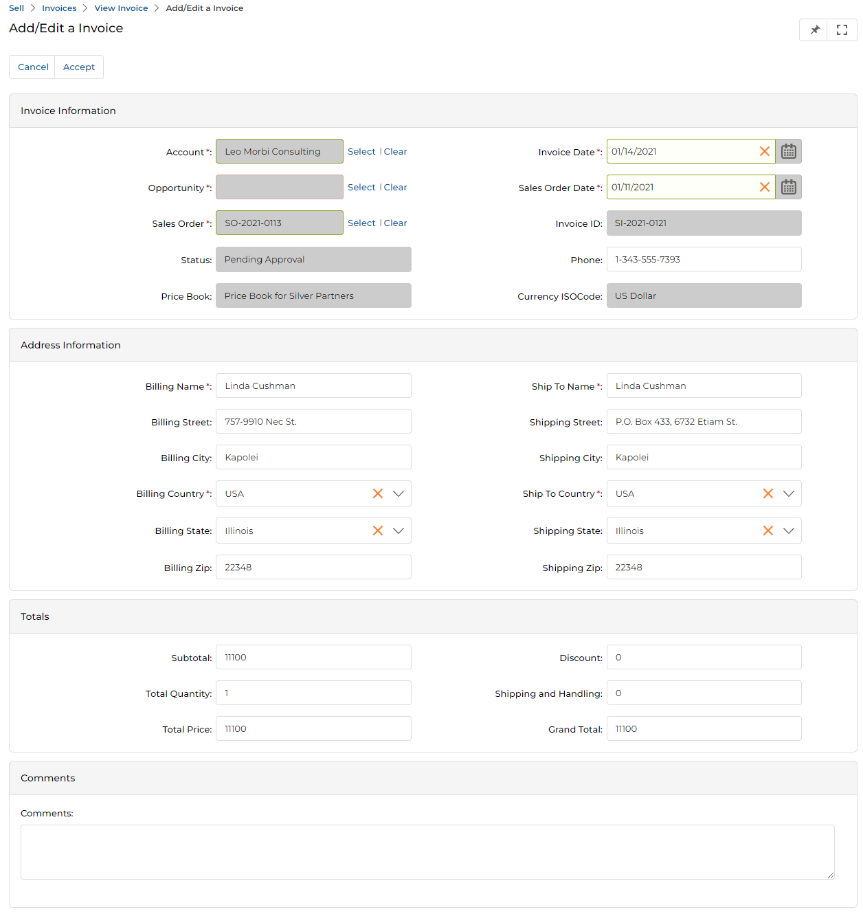 Add/Edit Invoice in approval mode showing Invoice Information, Address Information, Totals, and Comments sections with Accept and Cancel buttons