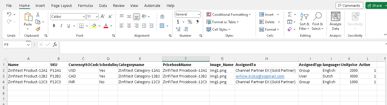 Sheet 3 (Price Books) — columns: PricebookName, CurrencyISOCode, CurrencyISOCode_Value, CurrencyExchangeRate, Is_Stranded_Price_Book, Active, Partner_Category, Affiliate_Commission_Rate, Affiliate_Commission_Rate_Unit
