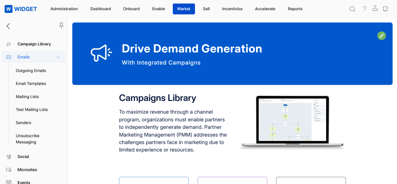 Market navigation with Emails expanded and Test Mailing Lists highlighted in the left sidebar