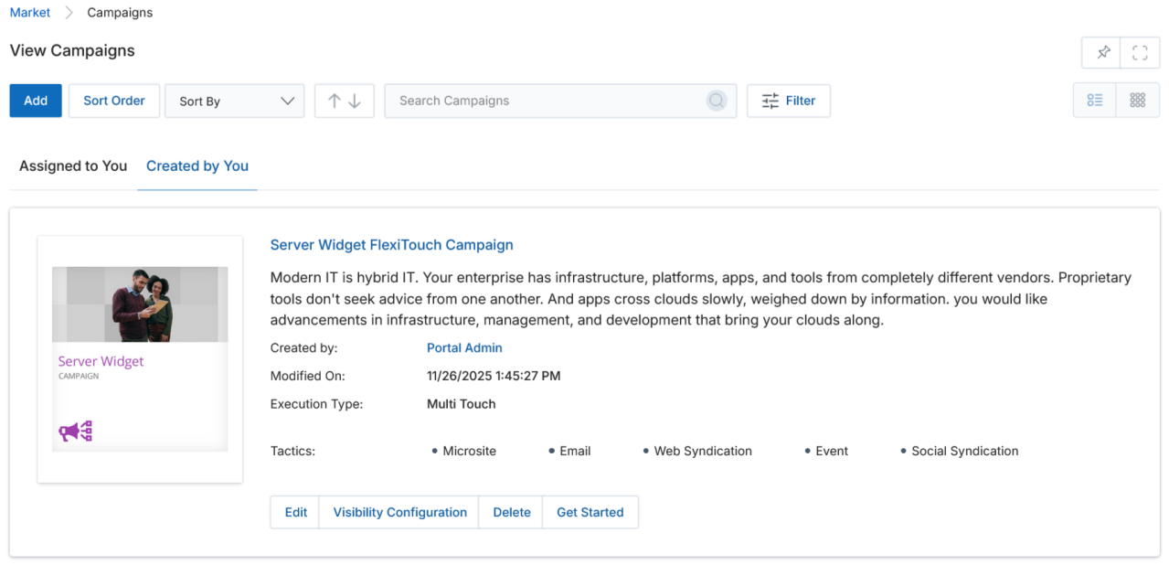 Add/Edit an Email Template page showing Email Template Name (Server Widget Solution), Campaign (Server Widget FlexiTouch Campaign), Associated Tactic (Email) and Thumbnail Image fields, plus UI/UX Package