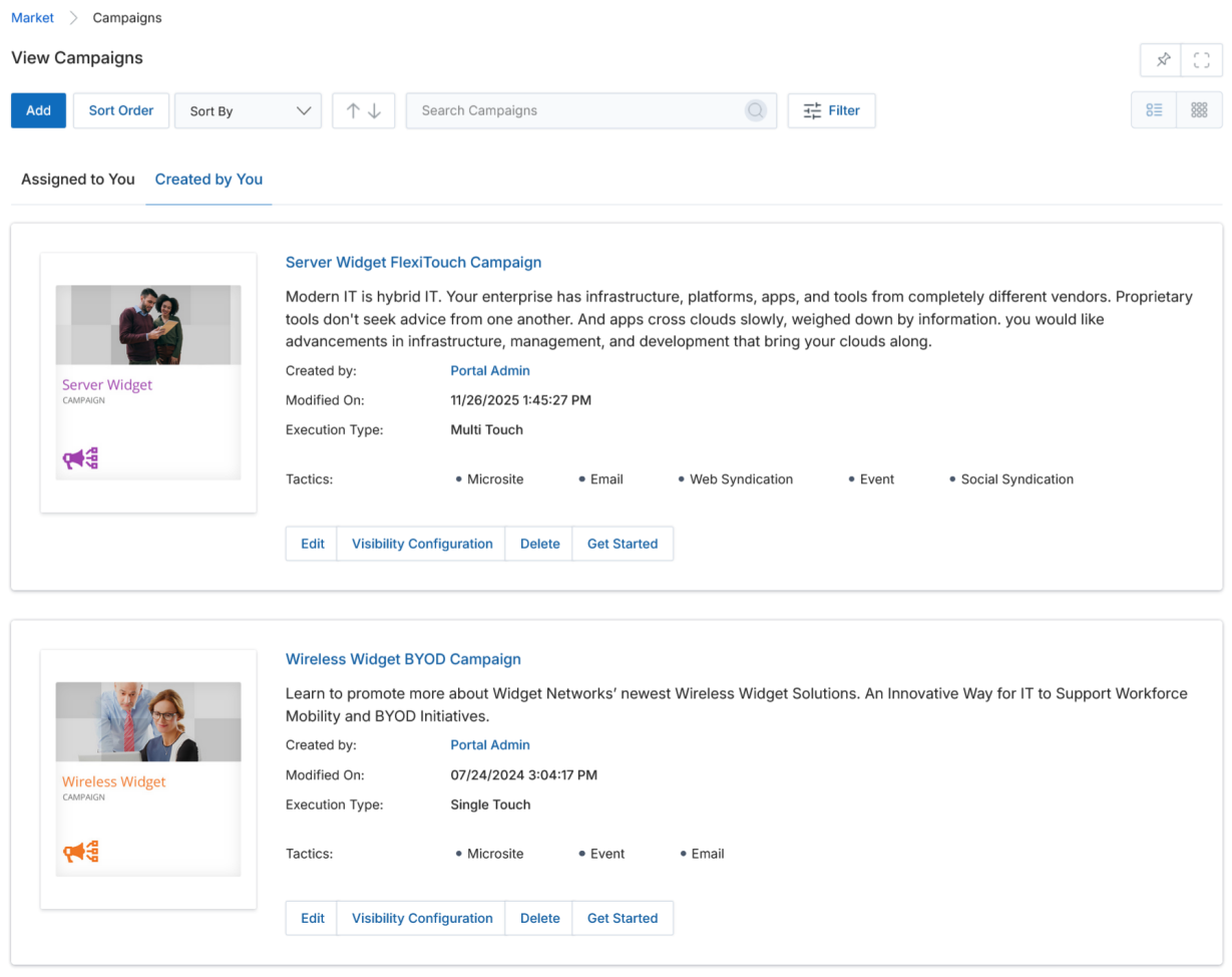 View Campaigns page in List View showing Server Widget FlexiTouch (Multi Touch) and Wireless Widget BYOD (Single Touch) with Edit, Visibility Configuration, Delete and Get Started buttons