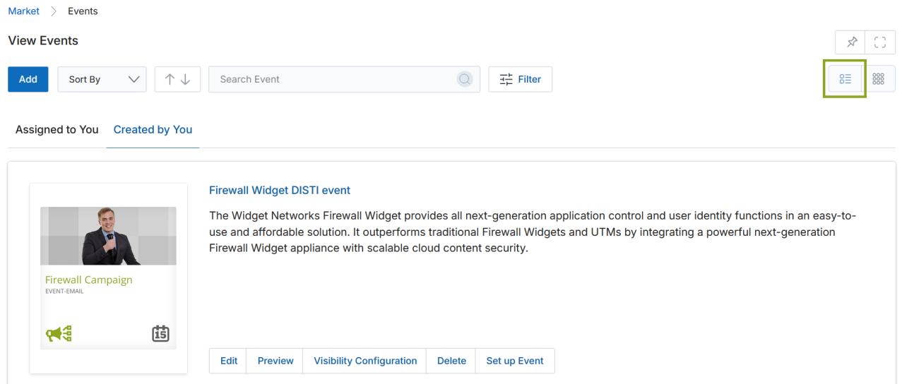 List View mode — default display with single event card expanded