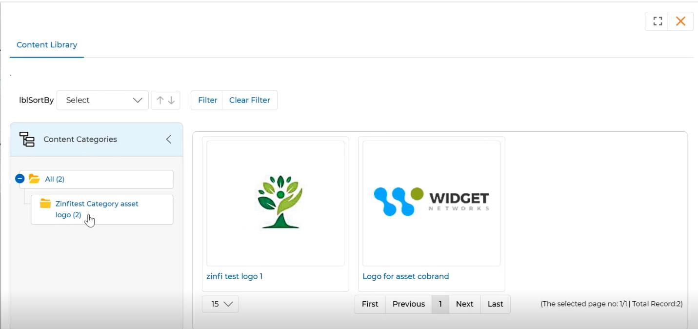 Content Library side panel showing Content Categories tree on the left and logo thumbnails on the right