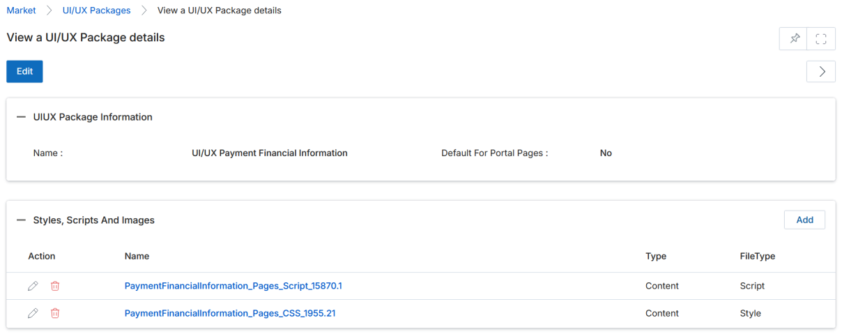 Add/Edit a Style and Script page showing Style And Script Informations section with Name, File Type dropdown, Type dropdown, Index Number, Content textarea, File Content drag-and-drop area and UI/UX Package pre-populated field