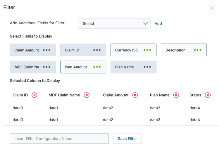 Filter panel for creating a custom MDF Claims view with Claim Amount, Claim ID, Currency ISO, Description, MDF Claim Name, Plan Amount, Plan Name fields