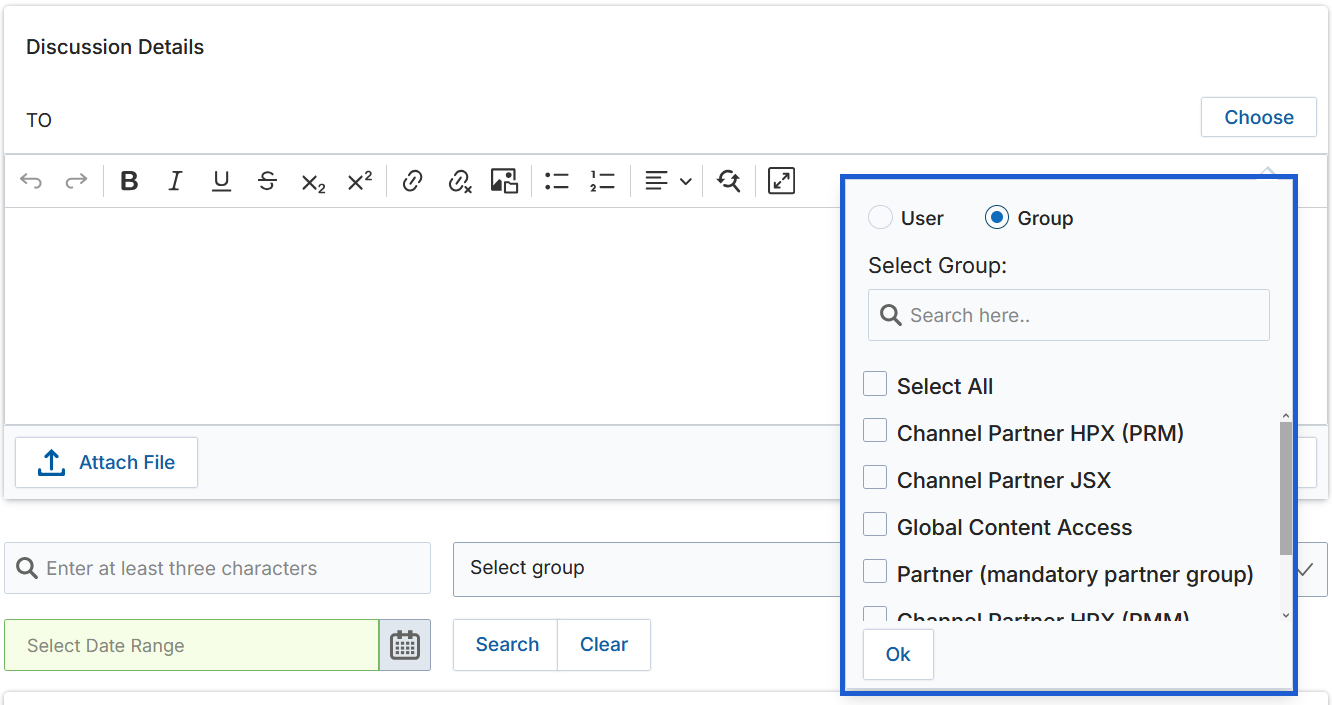 Choose recipients dialog showing User/Group toggle, group search field, and list of available groups including Channel Partner HPX and Partner mandatory partner group