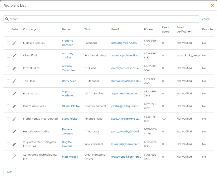 Recipient List dialog showing a searchable table of prospects: Company, Name, Title, Email, Phone, Lead Score, Email Verification columns — with an Add button at the bottom