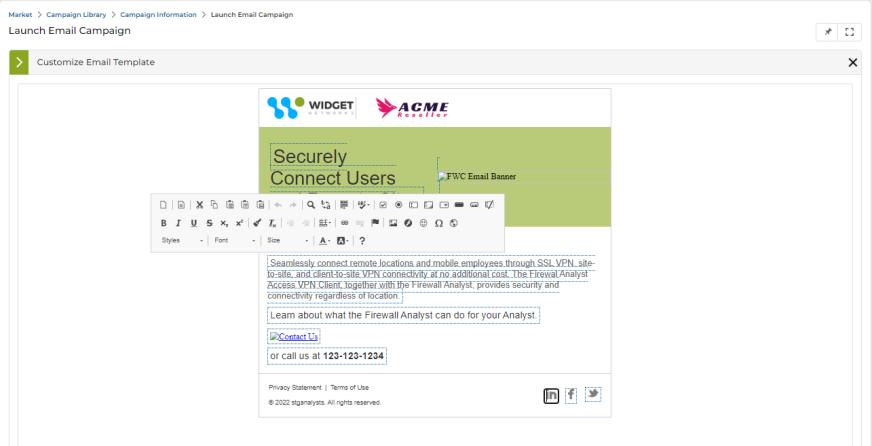 Customize Email Template panel showing the CK Editor toolbar activated and social connector icons in the footer highlighted, ready for editing