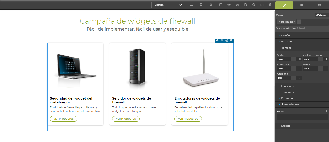 CMS Editor — three product cards (Flash Drive, Laptop, Desktop Virtualization 1.0) dragged onto the canvas with 