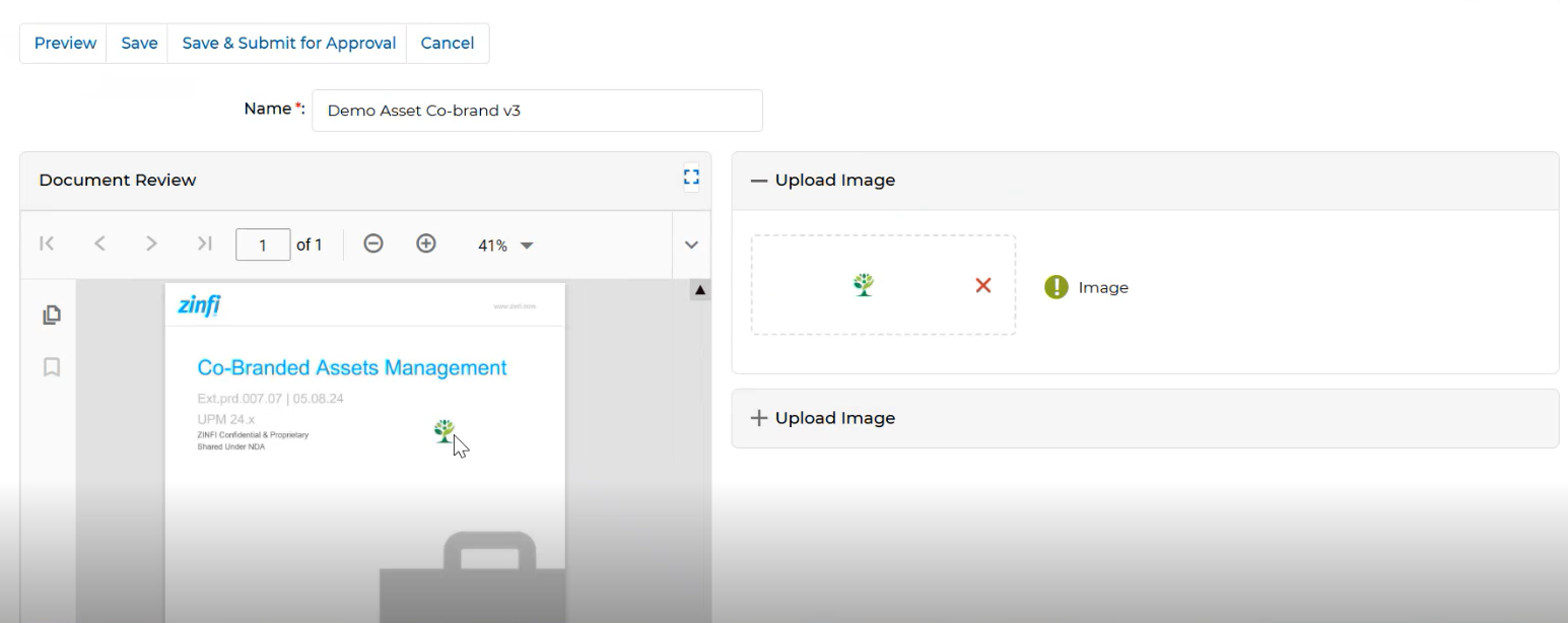 Co-Brand Asset preview mode showing the document with uploaded image on left and Upload Image confirmation on right