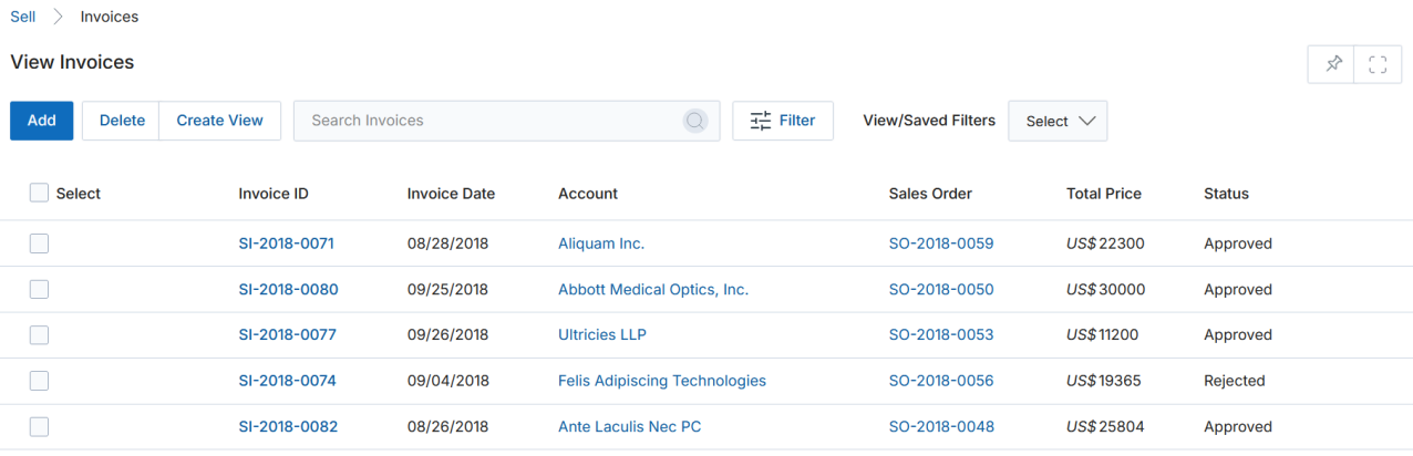 Account Name lookup in Add Invoice form showing Account Name, Website, Phone Office, and Assigned To columns