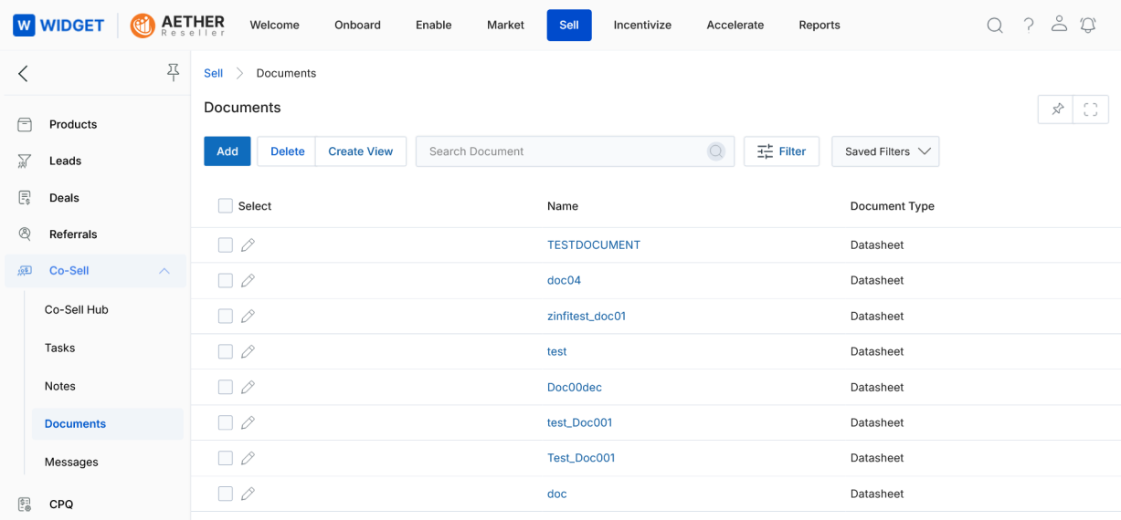View Documents list — Document Name and Document Type columns