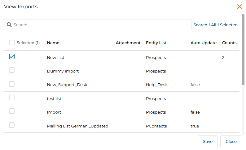 View Imports popup showing Search field with Search, All and Selected controls, table with Selected, Name, Attachment, Entity List, Auto Update, Counts columns. New List (selected checkbox, Prospects, 2) is checked; other entries: Dummy Import (Prospects), New_Support_Desk (Help_Desk, false), test list (Prospects), Import (Prospects, false), Mailing List German _Updated (PContacts, true) are listed. Save and Close buttons at bottom.