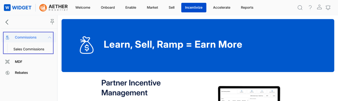 View Sales Commissions listing grid showing Commission ID, Commission Name, Allocation frequency, Application In Use, Type, Quarter, Total Amount, Commission Percentage, and Commission Amount columns