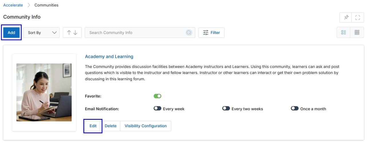 Community Info list page with the Add button highlighted in the toolbar