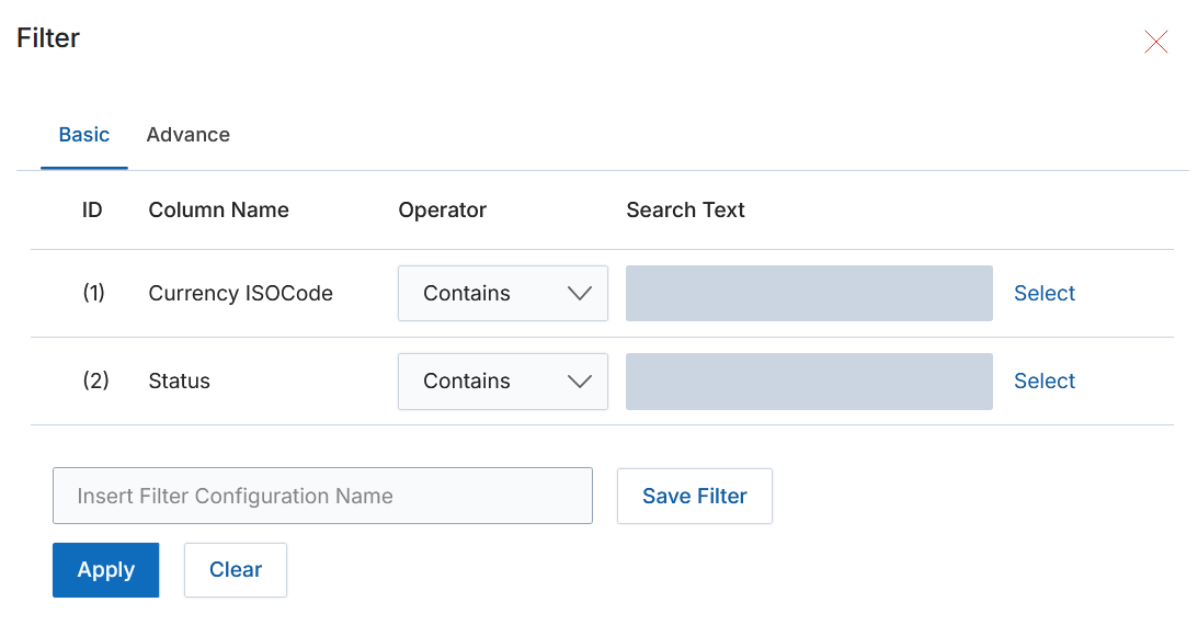 Filter dialog with Currency ISOCode and Status fields
