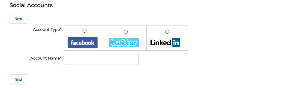 New Account Set Up form — Account Type (Facebook / Twitter / LinkedIn) and Account Name fields