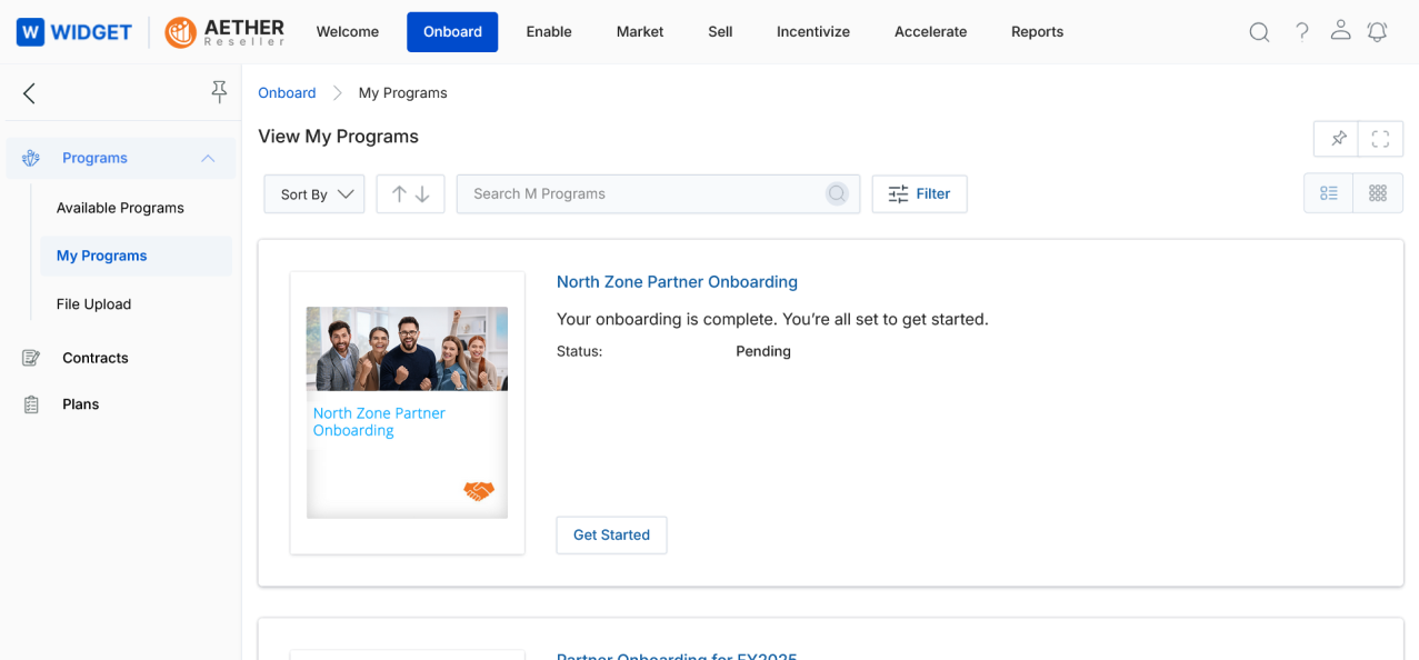 View My Programs — newly enrolled North Zone Partner Onboarding program with Get Started button