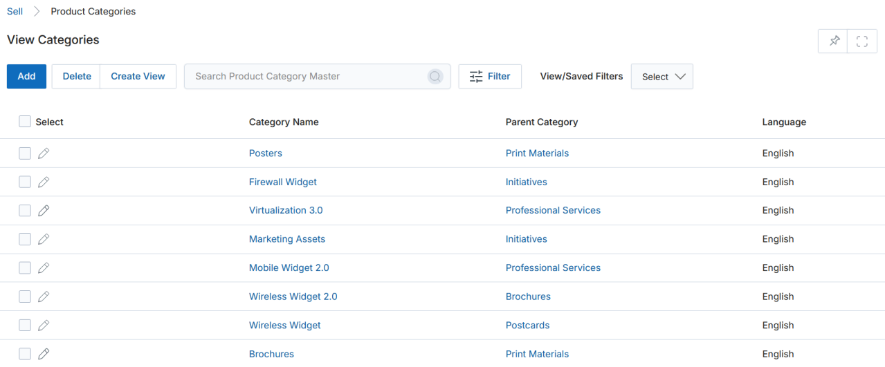 View Categories — listing with Category Name, Parent Category, Language columns